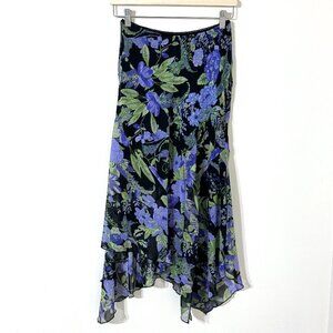 Vtg Y2K Floral Chiffon Asymmetrical Bias Skirt Beaded Handkerchief Forest Fairy